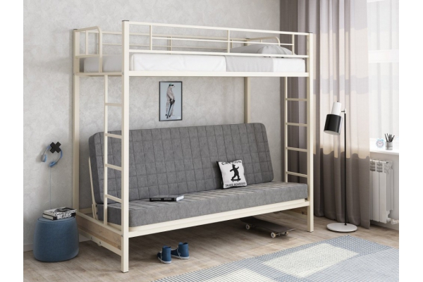 Двухъярусная кровать с диваном Мадлен Слоновая кость-Серый