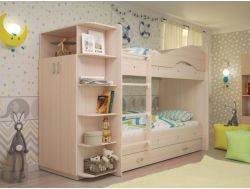 Кровать 2-х ярусная Мая с ящиками и шкафом млечный дуб
